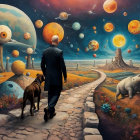 Surreal Landscape with Figure and Dogs on Path
