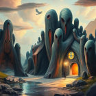 Surreal Landscape with Ghostly Rock Formations and Light