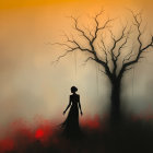 Solitary Figure in Black Dress Among Red Foliage