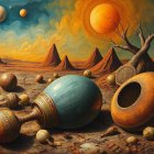 Surreal Landscape with Jagged Mountains and Vessels