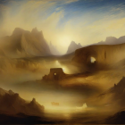 Surreal Landscape with Mountains and Golden Sky