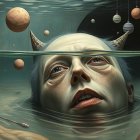 Surreal Scene of Submerged Figure and Faceless Individuals