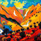 Vibrant Landscape Painting with Bold Colors and Mountains