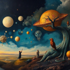Surreal Cosmic Landscape with Vibrant Tree and Figures