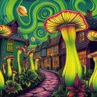 Whimsical Village Scene with Colorful Mushrooms and Skies