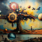 Surreal Oil Painting of a Celestial Tree with Ornaments