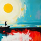 Lone Figure in Boat at Vibrant Sunset Scene
