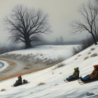 Children on sleds in a snowy winter landscape