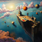 Surrealist Painting of Floating Cliff with Objects and Sky