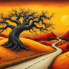 Twisted Tree Against Vibrant Sunset Landscape
