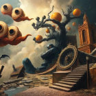 Surreal landscape with twisted tree and floating spheres