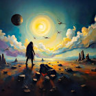 Ethereal Landscape with Figure and Glowing Sun