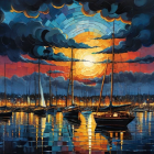 Vibrant Harbor Sunset with Sailboats and Warm Hues