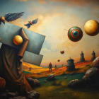 Surreal Landscape with Reflective Panel and Abstract Forms