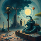 Surreal Landscape with Whimsical Figures and Celestial Bodies