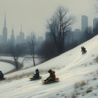 Winter Sledding Scene with Skyscrapers and Mist