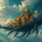 Oversized fish with castle in vibrant sky scene