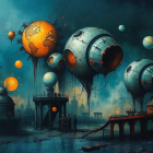 Surreal Landscape with Floating Spheres and Dark Atmosphere