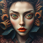 Portrait of a Woman with Green Eyes and Orange Lips