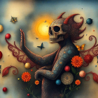Stylized Skeleton with Sun and Vibrant Flowers