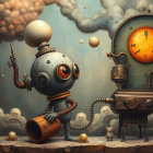 Whimsical Robot on Floating Platform with Clockwork Device
