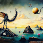 Surreal Landscape with Butterfly Wings and Sunset