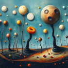 Surreal Landscape with Abstract Trees and Floating Clocks