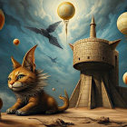 Playful Cat in Surreal Desert with Castle and Balloons
