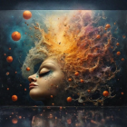 Ethereal figure with fiery hair in a surreal backdrop