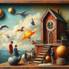 Surreal Artwork of a Red House on a Cliff with Celestials