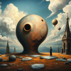 Surreal Landscape with Metal Structure and Gothic Tower