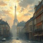 Paris Sunset with Eiffel Tower and Cobblestone Streets