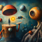 Surreal Painting of a Tiny Man on a Tree Stump