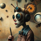 Steampunk Figure Amidst Machinery and Celestial Orbs