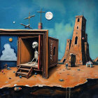 Surreal Landscape with Wooden Box and Skeletal Figure