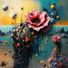 Surreal Landscape with Vibrant Flowers and Orbs