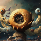 Surreal landscape with eye-like structure and orbs