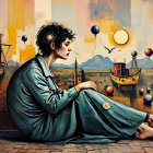 Female Figure in Teal Outfit with Unique Emblems