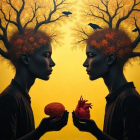 Silhouetted Figures with Tree Hairstyles and Symbols