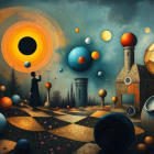 Surreal Landscape with Celestial Scene and Geometric Shapes