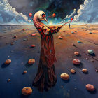 Surreal Landscape with Oversized Eyes and Colorful Planets