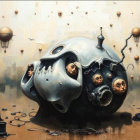 Surreal Landscape with Metallic Skull and Human Faces