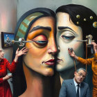 Surrealist Painting of Joined Female Faces and Contraptions