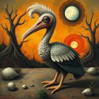 Surreal Avian Creature in Barren Landscape with Orbs