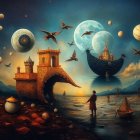 Surreal Landscape with Architecture and Celestial Bodies
