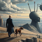 Surreal Landscape with Skull Sculpture and Dog Walker