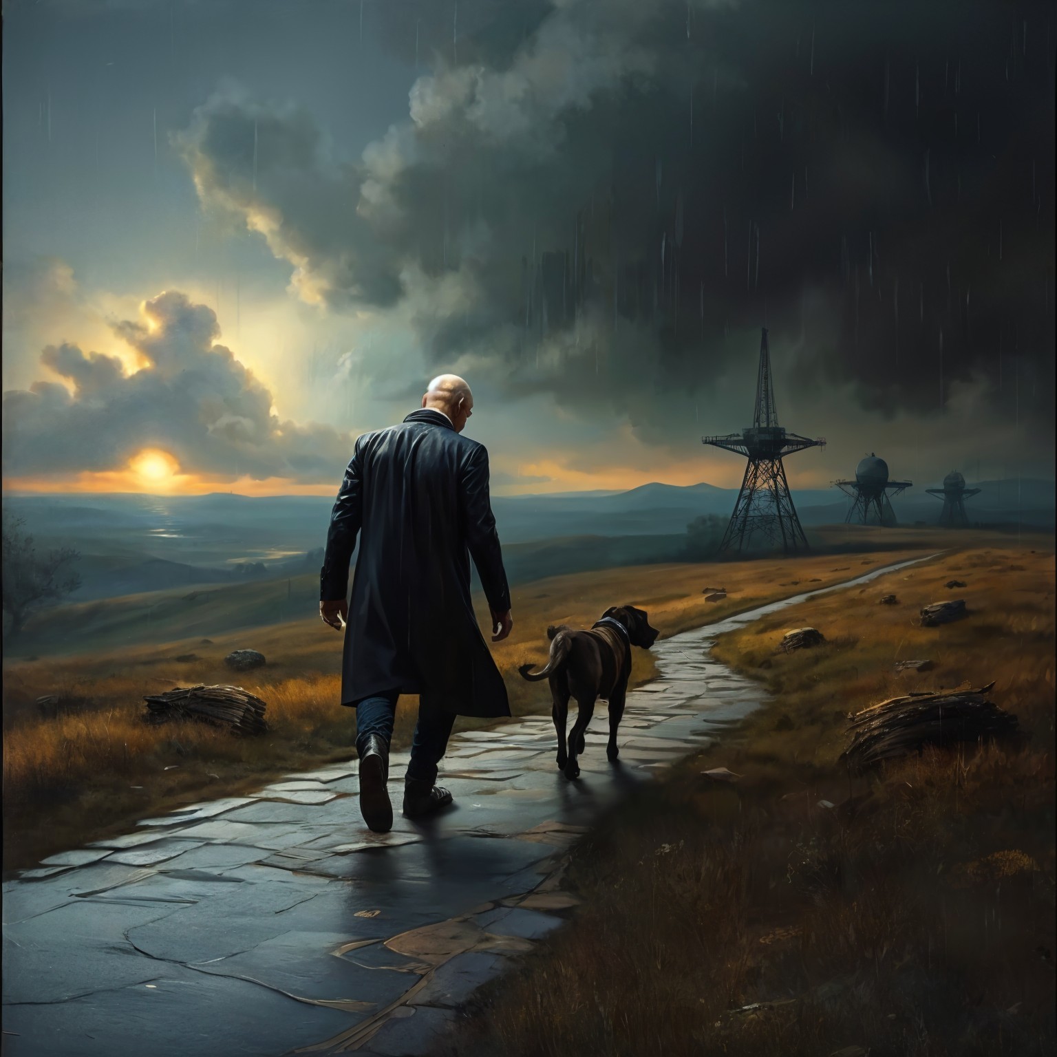 Lone Figure and Dog on Winding Stone Path at Sunset