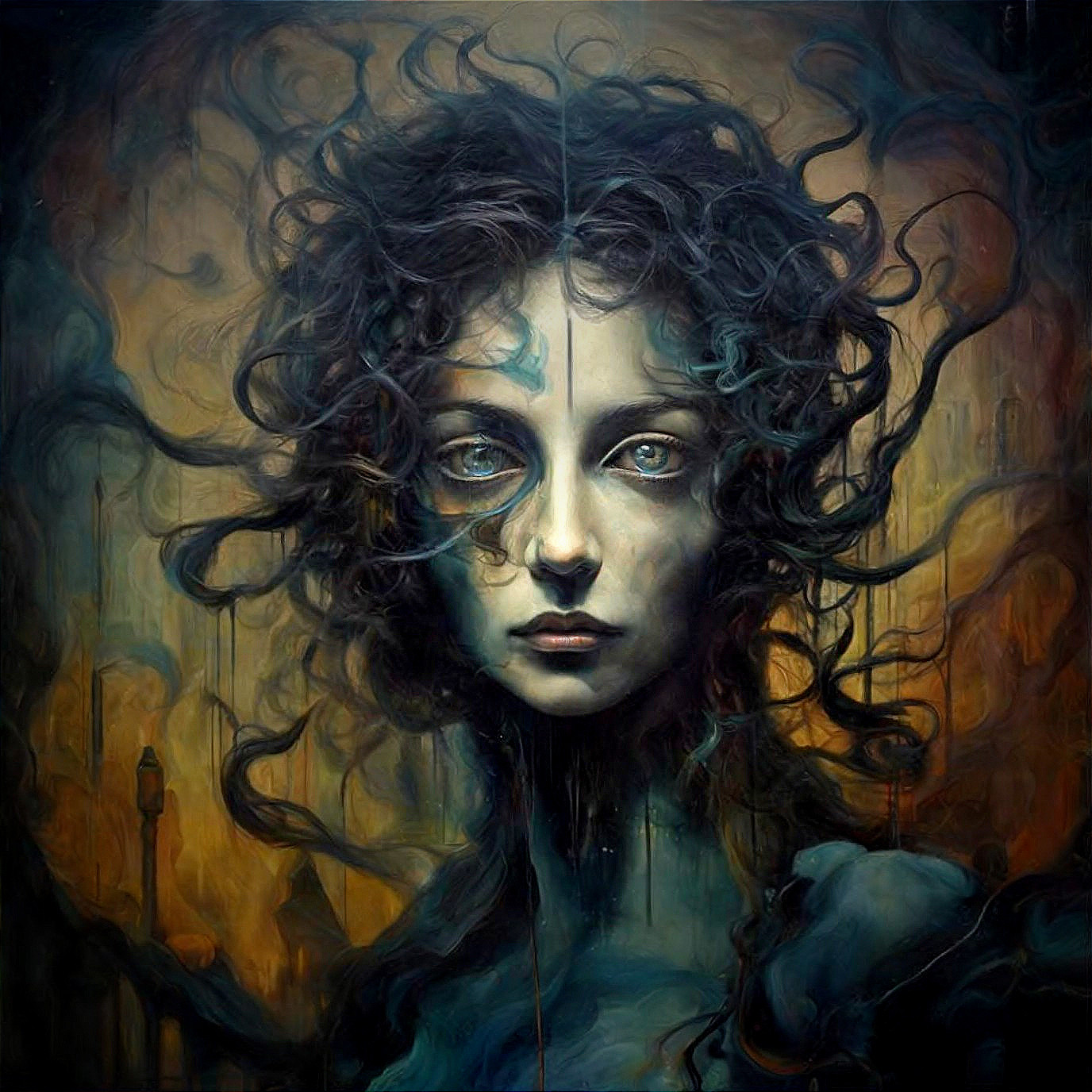 Portrait of a Woman with Dark Hair and Surreal Background