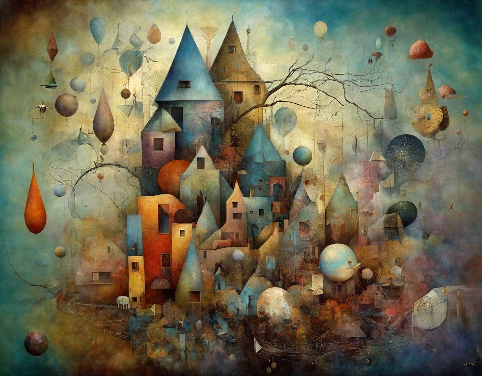 Surreal Landscape with Colorful Houses and Balloons