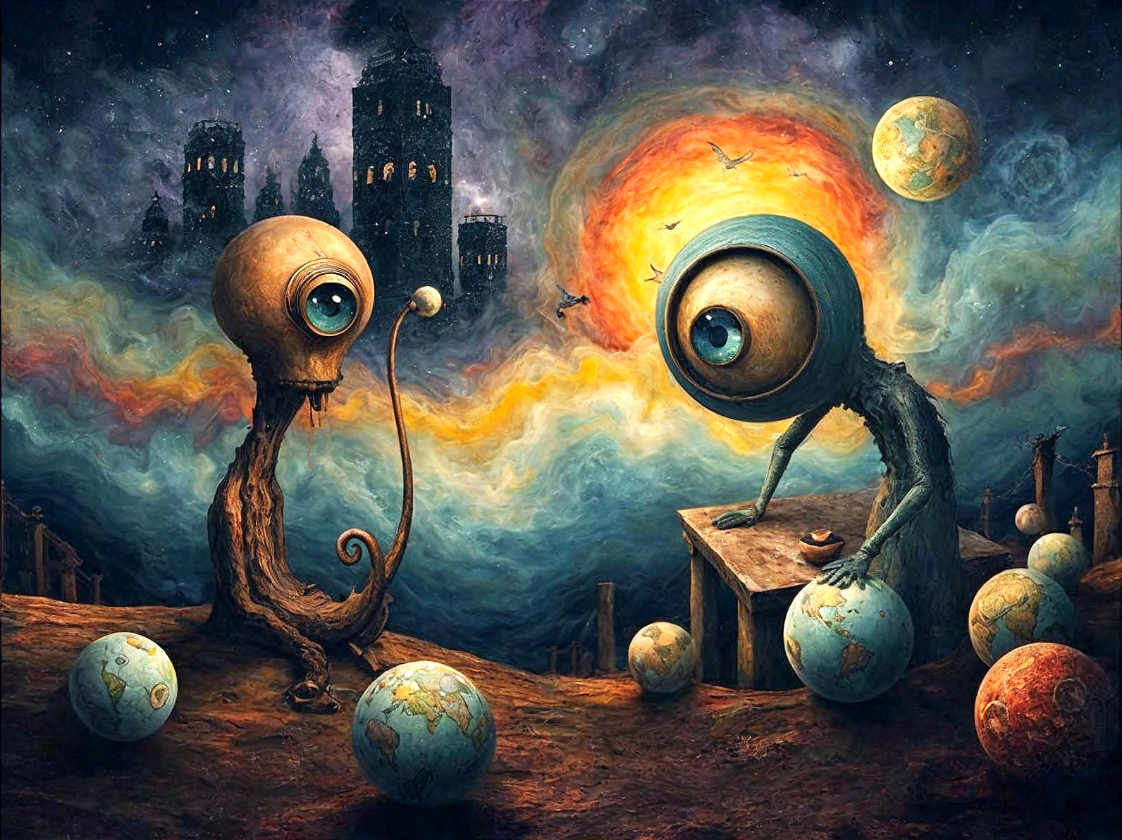 Surreal Landscape with Fantastical Creatures and Towers